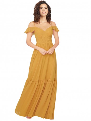 Comprar Azafrán línea A Cuello en V Cuello de Corazón Gasa Largo Vestidos de dama de honor