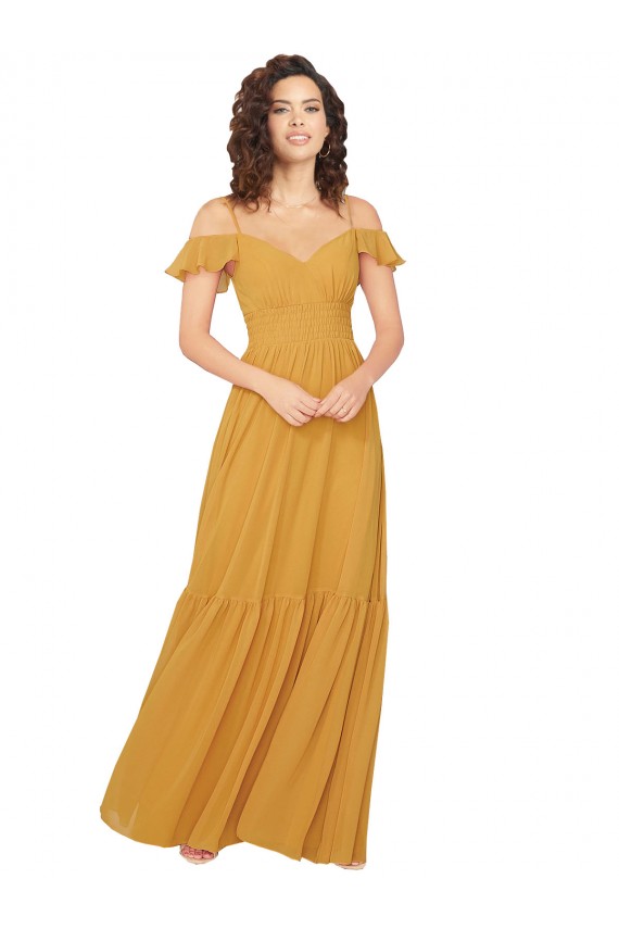 Comprar Azafrán línea A Cuello en V Cuello de Corazón Gasa Largo Vestidos de dama de honor