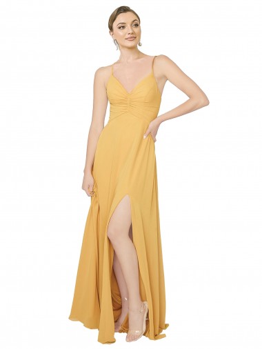 Comprar Azafrán línea A Cuello en V Gasa Largo Vestidos de dama de honor