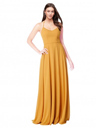 Comprar Azafrán línea A Cuello en V Gasa Largo Vestidos de dama de honor
