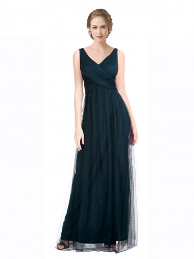 Comprar Azul 7 línea A Cuello en V Tul Largo Vestidos de dama de honor