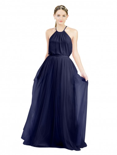 Comprar Azul Marino 21 línea A Halter Cuello Alto Tul Largo Vestidos de dama de honor