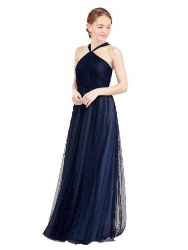 Comprar Azul Marino 21 línea A Halter Tul Largo Vestidos de dama de honor