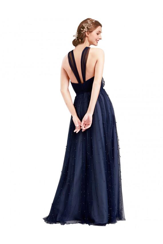 Comprar Azul Marino 21 línea A Halter Tul Largo Vestidos de dama de honor