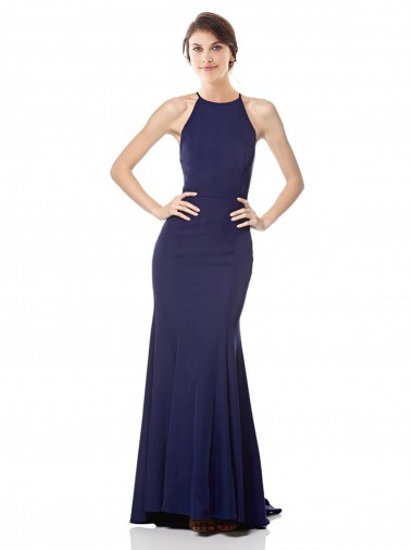 Comprar Azul Marino Sirena Halter Cuello Alto Crepé Elástico Largo Formales Vestidos de dama de honor / Vestidos de fiesta