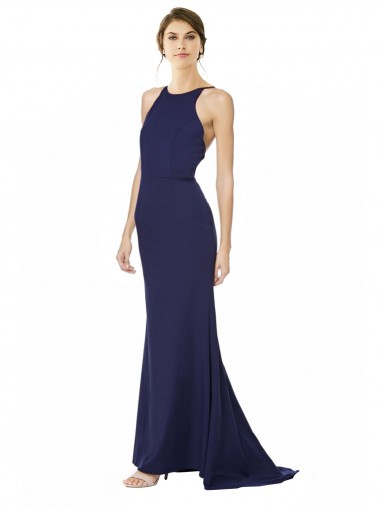 Comprar Azul Marino Sirena Halter Cuello Alto Crepé Elástico Largo Formales Vestidos de dama de honor / Vestidos de fiesta