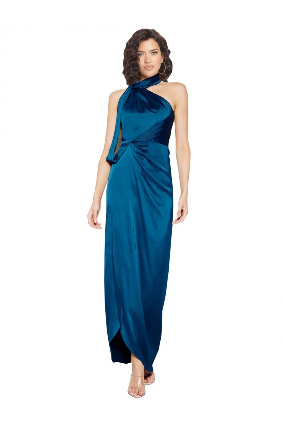 Comprar Azul Verde pavo real Cubierta Halter Cuello Alto Satén sedoso Largo Formales Vestidos de dama de honor / Vestidos de fiesta