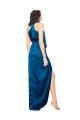 Comprar Azul Verde pavo real Cubierta Halter Cuello Alto Satén sedoso Largo Formales Vestidos de dama de honor / Vestidos de fiesta