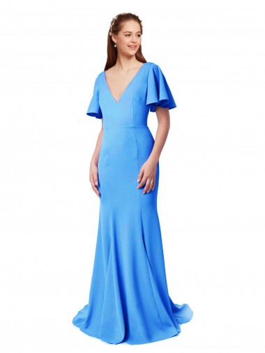 Comprar Azul Verde pavo real Sirena Cuello en V Barrer tren Crepé Elástico Largo Vestidos de dama de honor / Vestidos de fiesta
