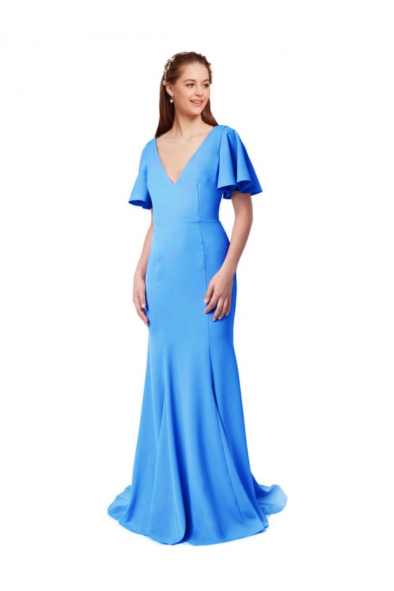Comprar Azul Verde pavo real Sirena Cuello en V Barrer tren Crepé Elástico Largo Vestidos de dama de honor / Vestidos de fiesta