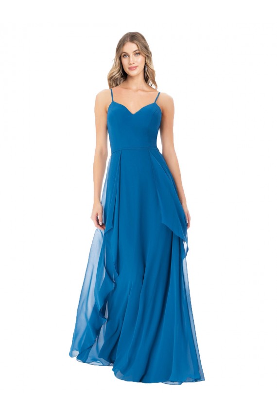 Comprar Azul Verde pavo real línea A Tirantes espagueti Gasa Largo Vestidos de dama de honor