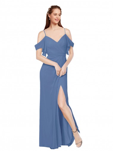 Comprar Azul Windsor línea A Hombros Descubiertos Gasa Largo Vestidos de dama de honor