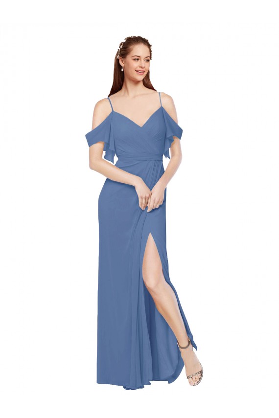 Comprar Azul Windsor línea A Hombros Descubiertos Gasa Largo Vestidos de dama de honor