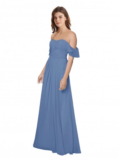 Comprar Azul Windsor línea A Hombros Descubiertos Sin tirantes Gasa Largo Vestidos de dama de honor
