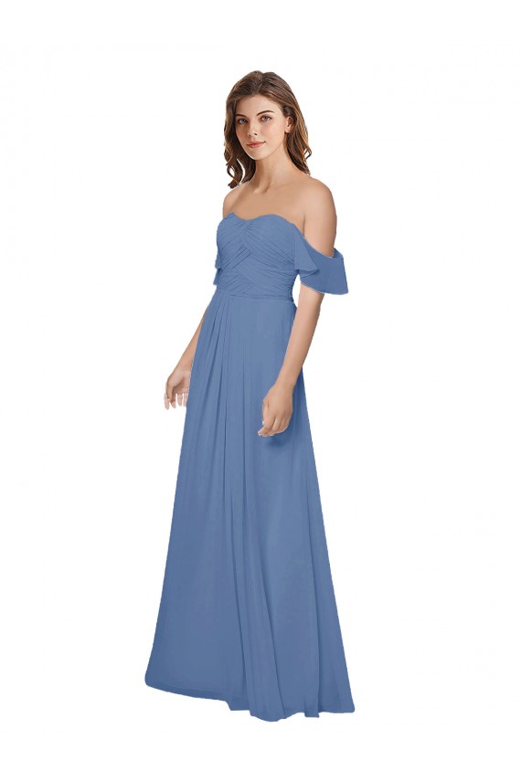 Comprar Azul Windsor línea A Hombros Descubiertos Sin tirantes Gasa Largo Vestidos de dama de honor