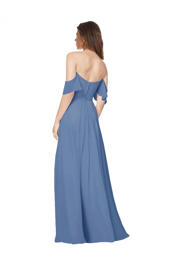 Comprar Azul Windsor línea A Hombros Descubiertos Sin tirantes Gasa Largo Vestidos de dama de honor