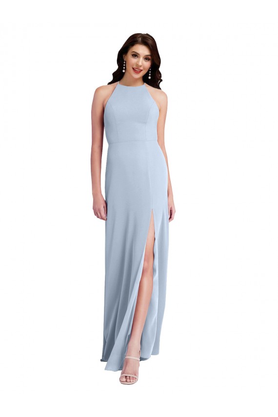 Comprar Azul cielo claro Cubierta Halter Cuello Alto Crepé Elástico Largo Formales Vestidos de dama de honor / Vestidos de fiesta