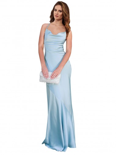 Comprar Azul cielo claro Cubierta Satén sedoso Largo Formales Vestidos de dama de honor / Vestidos de fiesta