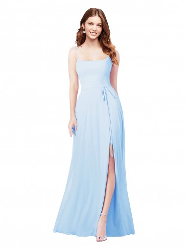 Comprar Azul cielo claro Cubierta Tirantes espagueti Cuadrado Gasa Largo Vestidos de dama de honor
