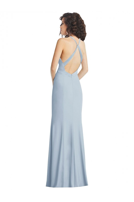 Comprar Azul cielo claro Trompeta Halter Cuello Alto Crepé Elástico Largo Formales Vestidos de dama de honor / Vestidos de fiesta