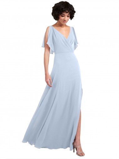 Comprar Azul cielo claro línea A Cuello en V Gasa Largo Vestidos de dama de honor