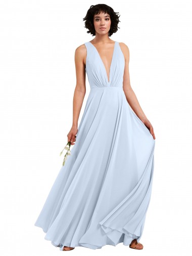 Comprar Azul cielo claro línea A Cuello en V Gasa Largo Vestidos de dama de honor