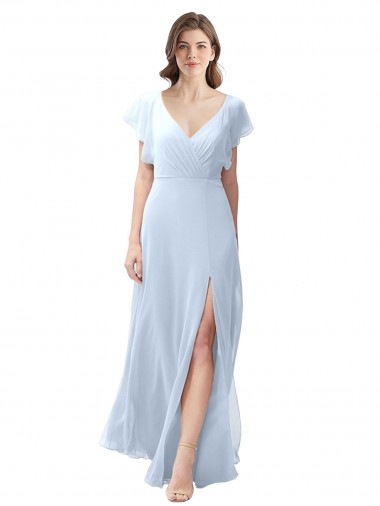 Comprar Azul cielo claro línea A Cuello en V Gasa Largo Vestidos de dama de honor