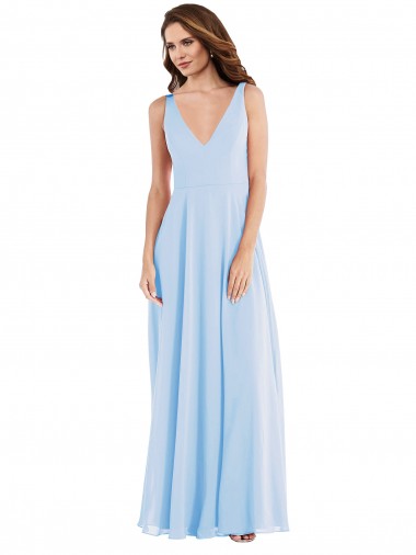Comprar Azul cielo claro línea A Cuello en V Gasa Largo Vestidos de dama de honor