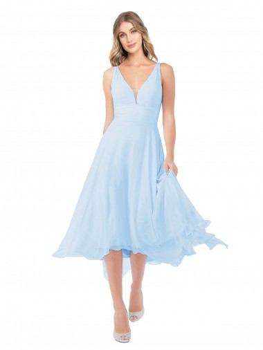 Comprar Azul cielo claro línea A Cuello en V Midi Gasa Corto Vestidos de dama de honor / Vestidos de cóctel