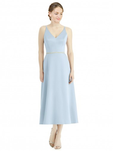 Comprar Azul cielo claro línea A Cuello en V Satén Largo Vestidos de dama de honor