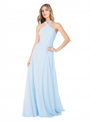 Comprar Azul cielo claro línea A Halter Cuello Alto Gasa Largo Vestidos de dama de honor