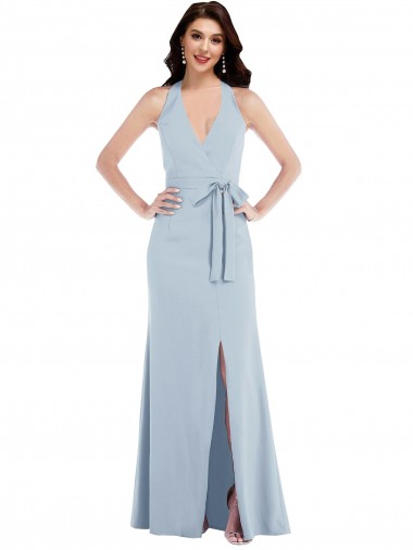 Comprar Azul cielo claro línea A Halter Cuello en V Crepé Elástico Largo Formales Vestidos de dama de honor / Vestidos de fiesta