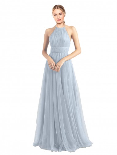 Comprar Azul cielo claro línea A Halter Tul Largo Vestidos de dama de honor