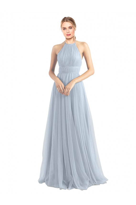 Comprar Azul cielo claro línea A Halter Tul Largo Vestidos de dama de honor