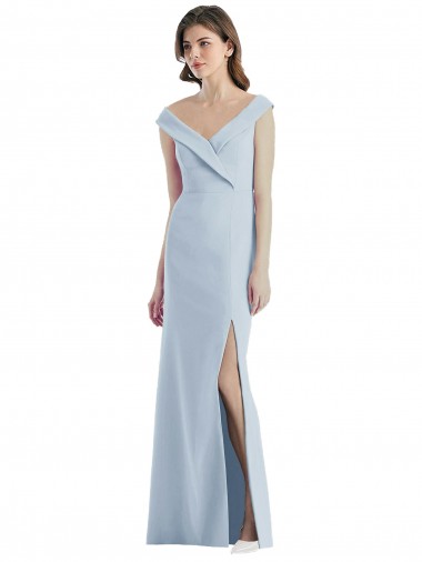 Comprar Azul cielo claro línea A Hombros Descubiertos Cuello en V Crepé Elástico Largo Vestidos de dama de honor