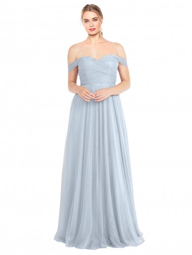 Comprar Azul cielo claro línea A Hombros Descubiertos Tul Largo Vestidos de dama de honor