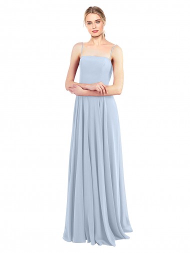 Comprar Azul cielo claro línea A Tirantes espagueti Cuadrado Gasa Largo Vestidos de dama de honor