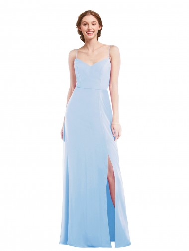 Comprar Azul cielo claro línea A Tirantes espagueti Cuello en V Gasa Largo Formales Vestidos de dama de honor / Vestidos de noche