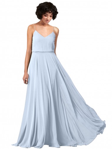 Comprar Azul cielo claro línea A Tirantes espagueti Cuello en V Gasa Largo Vestidos de dama de honor
