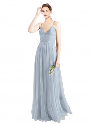 Comprar Azul cielo claro línea A Tirantes espagueti Cuello en V Tul Largo Vestidos de dama de honor