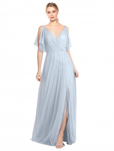 Comprar Azul cielo claro línea A Tirantes espagueti Cuello en V Tul Largo Vestidos de dama de honor