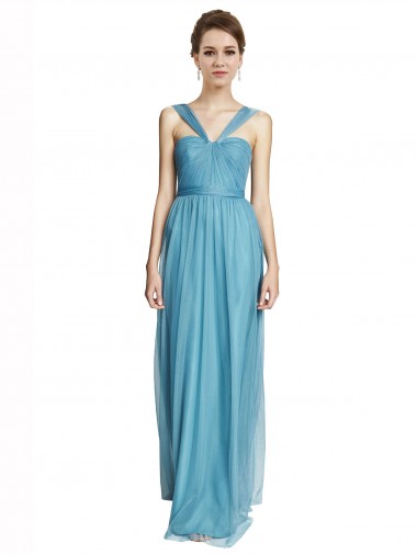 Comprar Azul cielo línea A Tirantes espagueti Halter Cuello en V Tul Largo Vestidos de dama de honor
