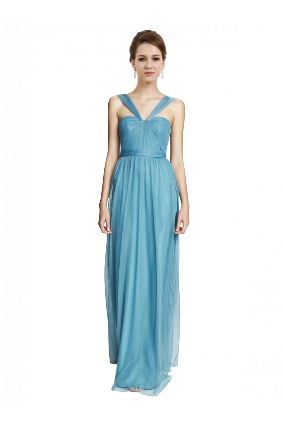 Comprar Azul cielo línea A Tirantes espagueti Halter Cuello en V Tul Largo Vestidos de dama de honor