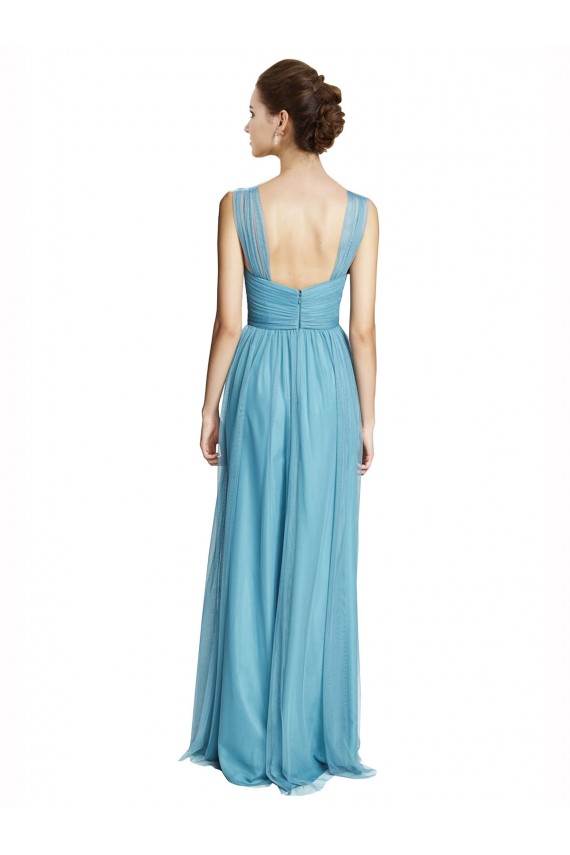 Comprar Azul cielo línea A Tirantes espagueti Halter Cuello en V Tul Largo Vestidos de dama de honor
