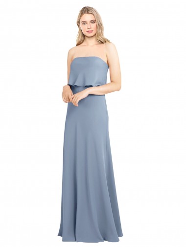 Comprar Azul humo Cubierta Cuello Alto Crepé Elástico Largo Formales Vestidos de dama de honor / Vestidos de fiesta
