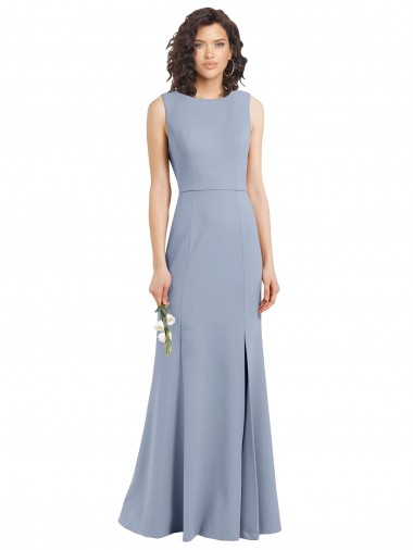 Comprar Azul humo Cubierta Cuello Barco Cuello Alto Crepé Elástico Largo Vestidos de dama de honor