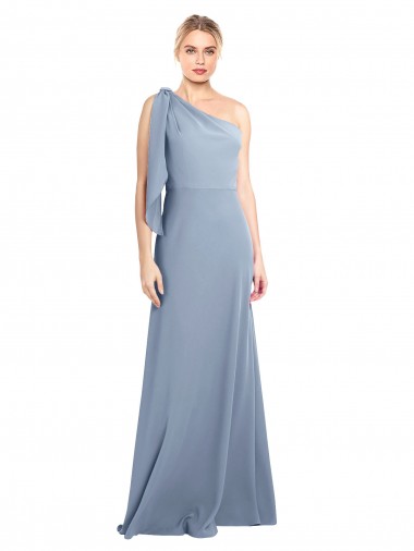 Comprar Azul humo Cubierta Un Hombre Crepé Elástico Largo Formales Vestidos de dama de honor / Vestidos de fiesta