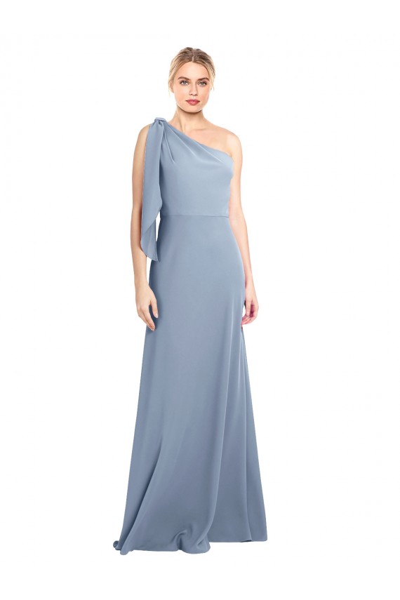 Comprar Azul humo Cubierta Un Hombre Crepé Elástico Largo Formales Vestidos de dama de honor / Vestidos de fiesta