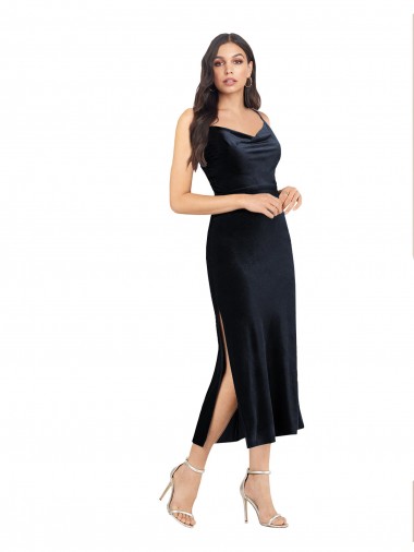 Comprar Azul marina oscuro Columna Midi Terciopelo Elástico Corto Formales Vestidos de dama de honor / Vestidos de fiesta / Vestidos de cóctel