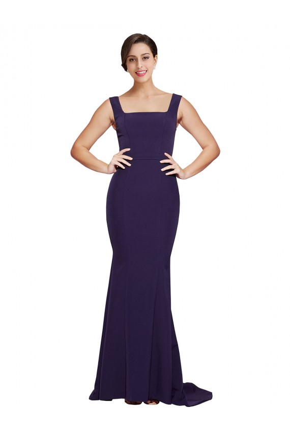Comprar Azul marina oscuro Cubierta Cuadrado Barrer tren Crepé Elástico Largo Vestidos de dama de honor / Vestidos de fiesta
